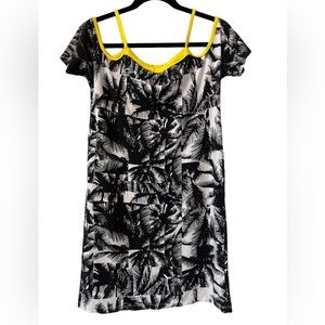 Fabletics Tina Mini Dress Small Black White Malibu Daffodil Palms Cold Shoulder
